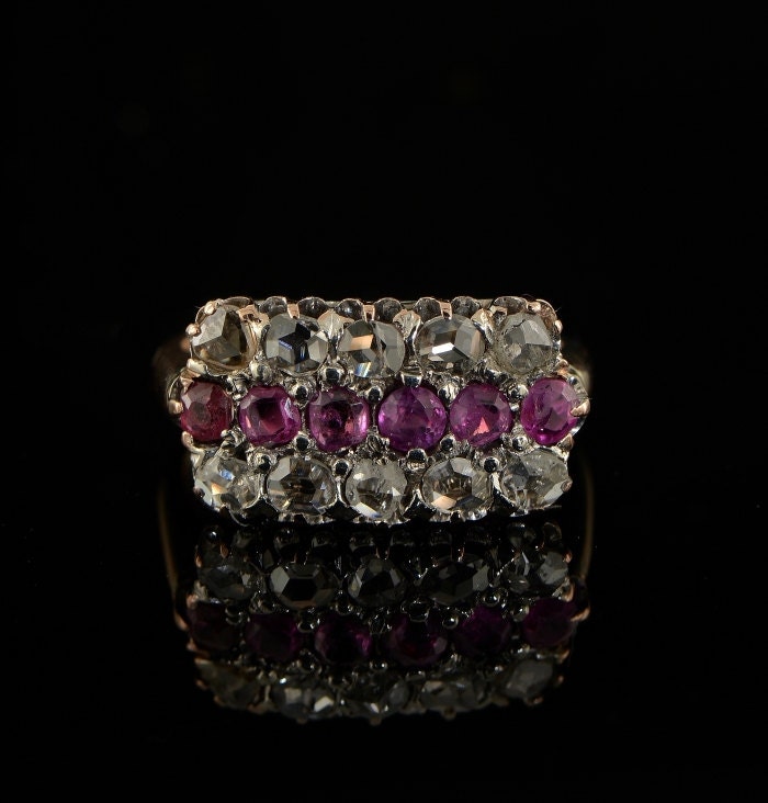 Victorian ruby and rose cut diamond charming panel ring