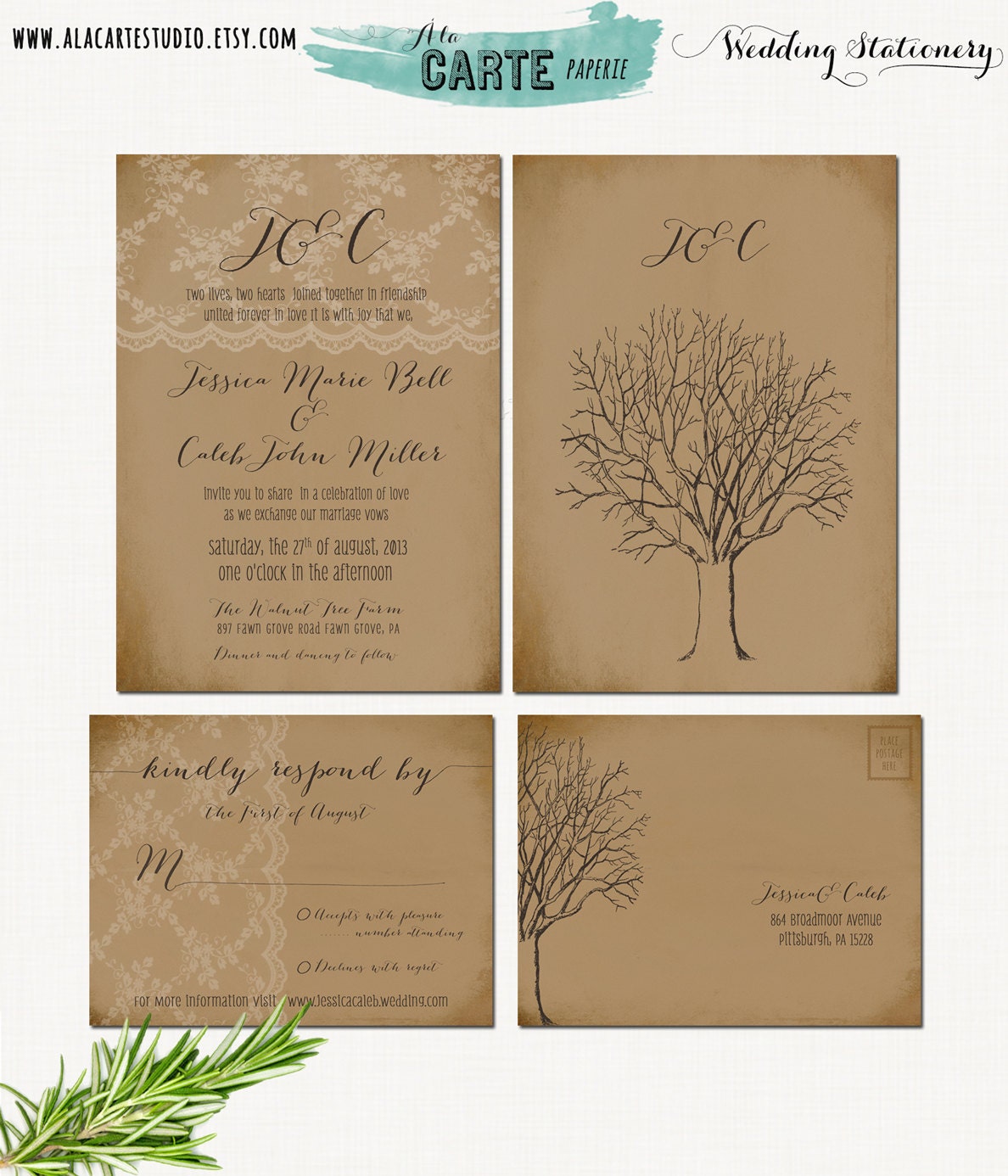 Rustic Lace Wedding Invitation Suite - Invitation and RSVP Card - Rustic Vintage Wedding - Kraft-style Paper Wedding