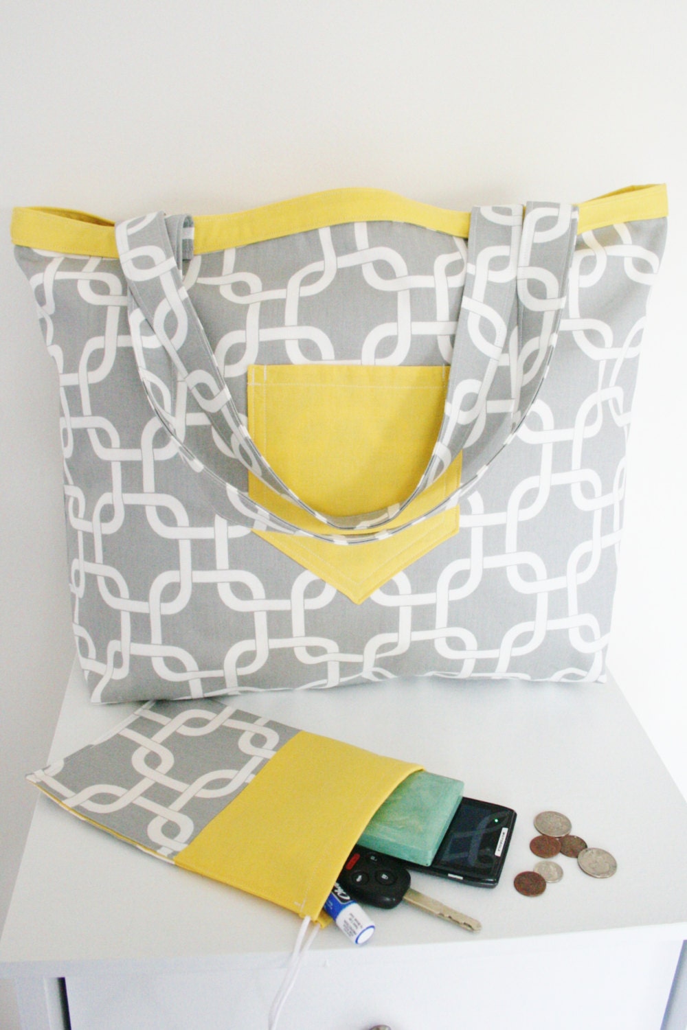 Sunny Yellow and Gray Tote-Reversible with Drawstring Pouch