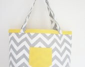 Sunny Yellow and Gray Chevron Tote Bag-Reversible Bag with Drawstring Storage Pouch