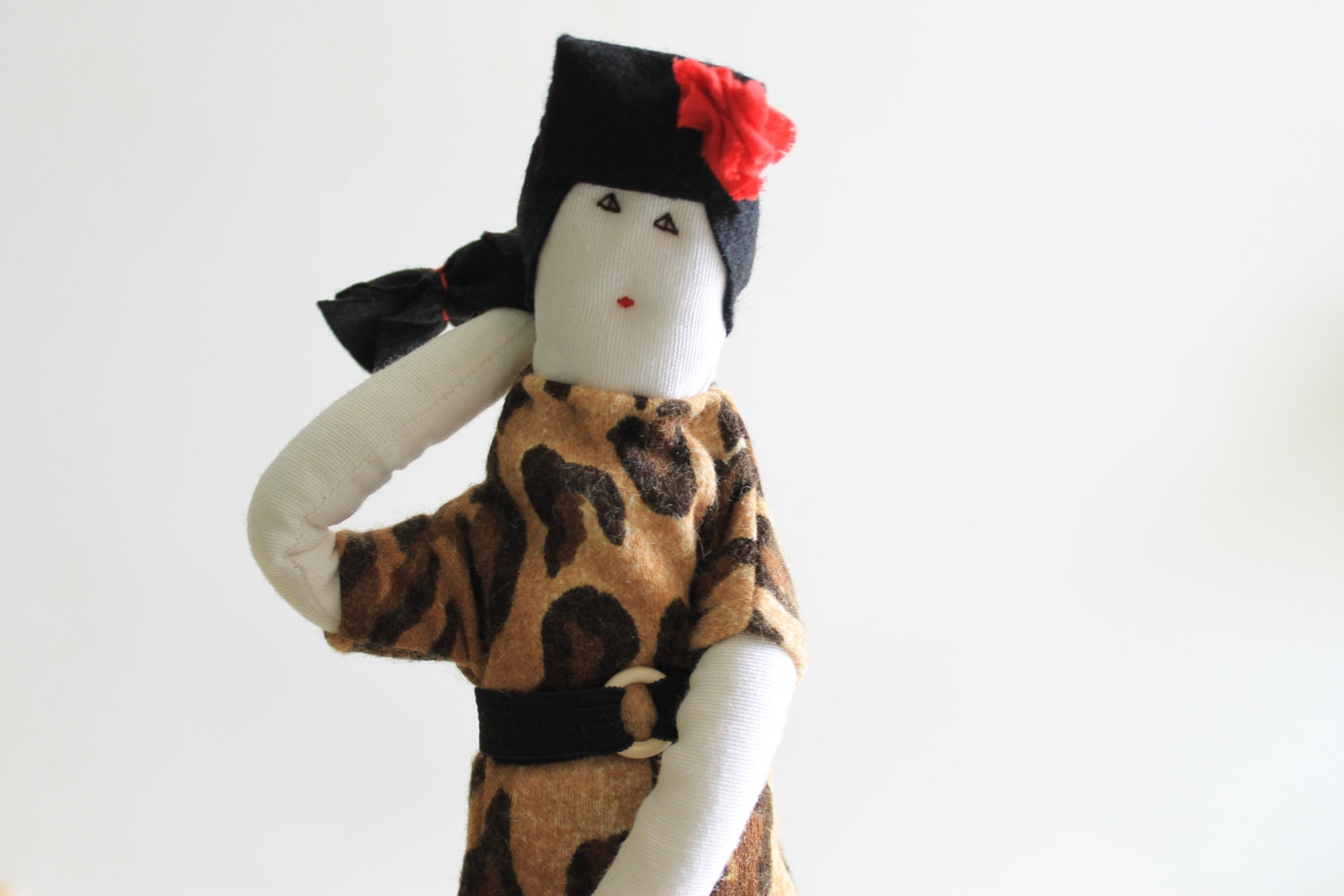 Fabric doll Fulana rockabilly ooak art doll tiger print vintage textile trendy fashionable soft sculpture doll red rose