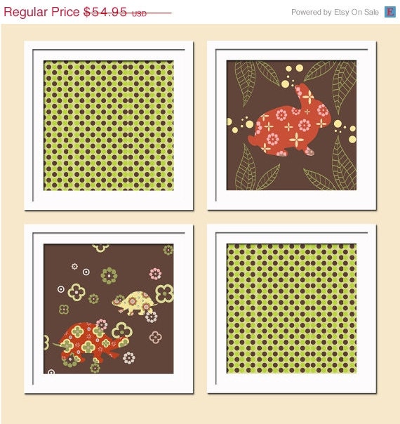 ON SALE Nursery Art Prints - Children's Room Wall Decor -Set of 4 - 10X10 - Green, Brown, Rabbit,  Turtles, Flowers and Leaves- No. N4S-032
