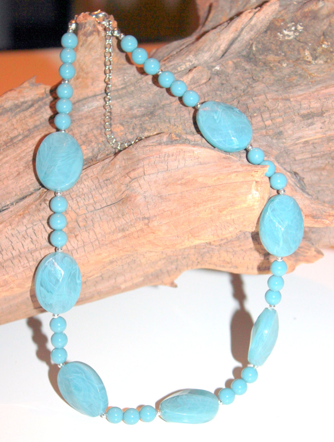 Retro Chunky Teal Blue Swirl  Lucite Necklace Circa 1960