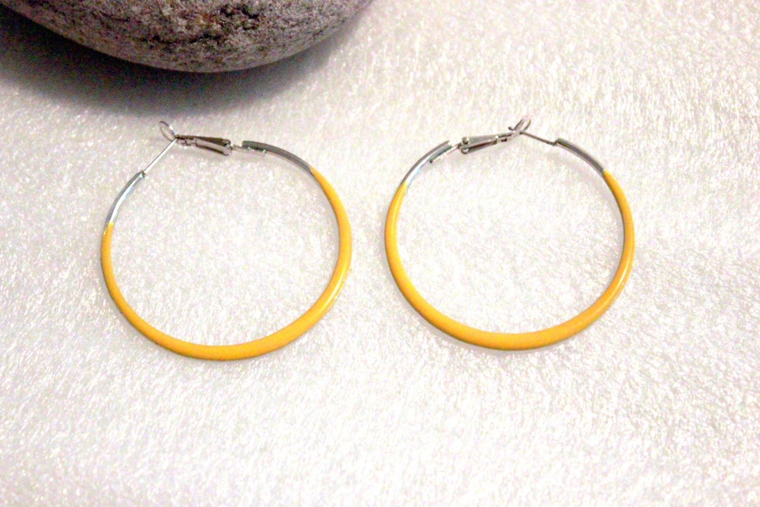 Vintage 1980s Retro Silver and Yellow Enamel Hoops