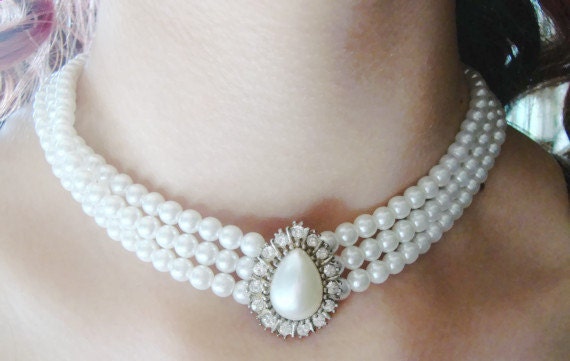 Vintage 1950s Glass Pearl and Rhinestone Choker