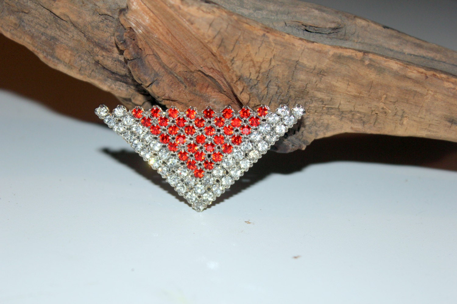 Vintage Red and Clear Rhinestone Deco Triangle Brooch
