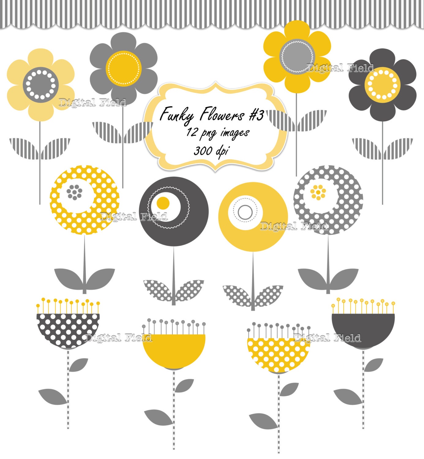 INSTANT DOWNLOAD Funky Flowers Clip Art Set No.3 -  yellow gray printable digital clipart