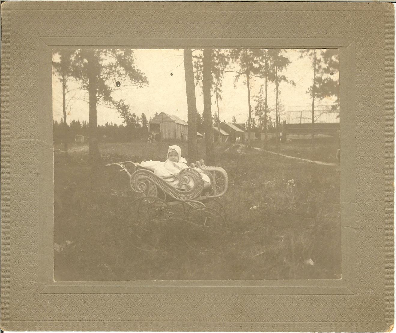 Victorian Photograph of Baby in WIcker Buggy