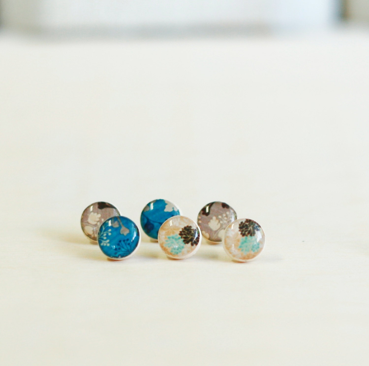 Tiny stud earrings blue and mint leaf and floral earring studs set of 3