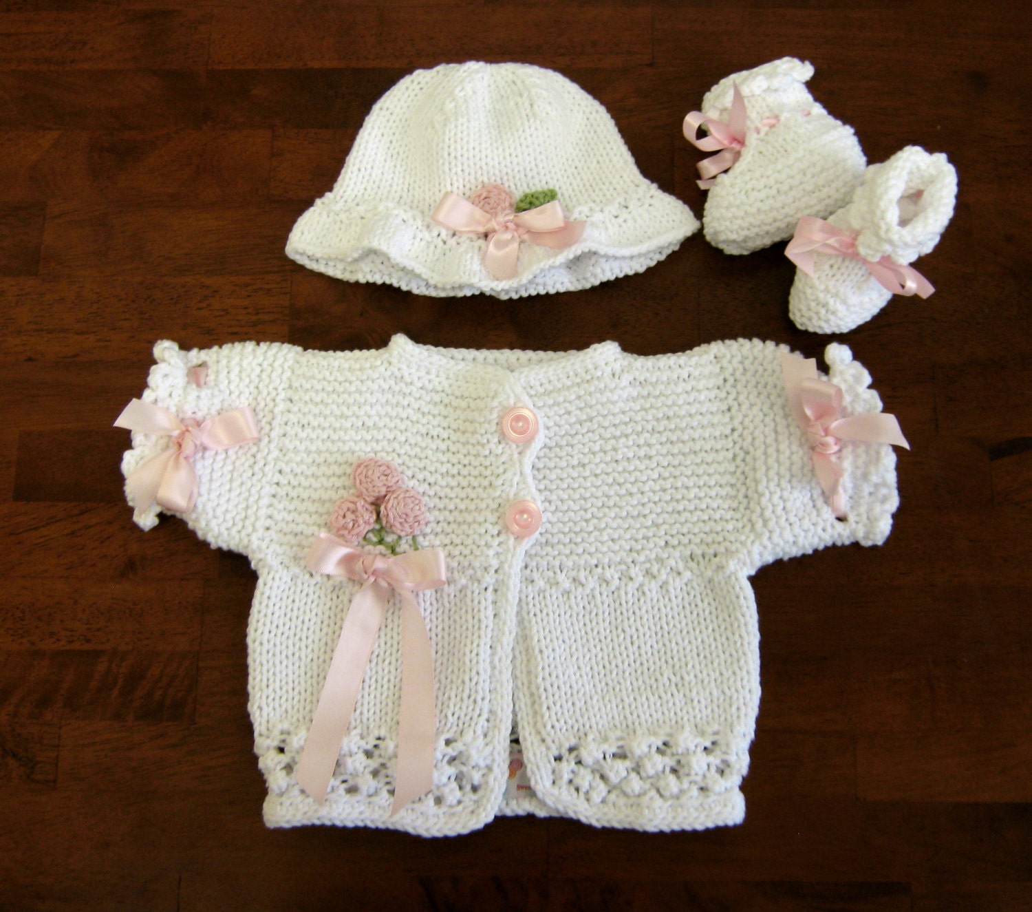 Soft White Newborn Cardigan, Hat and Bootie Set with Pink Ribbon & Tulips