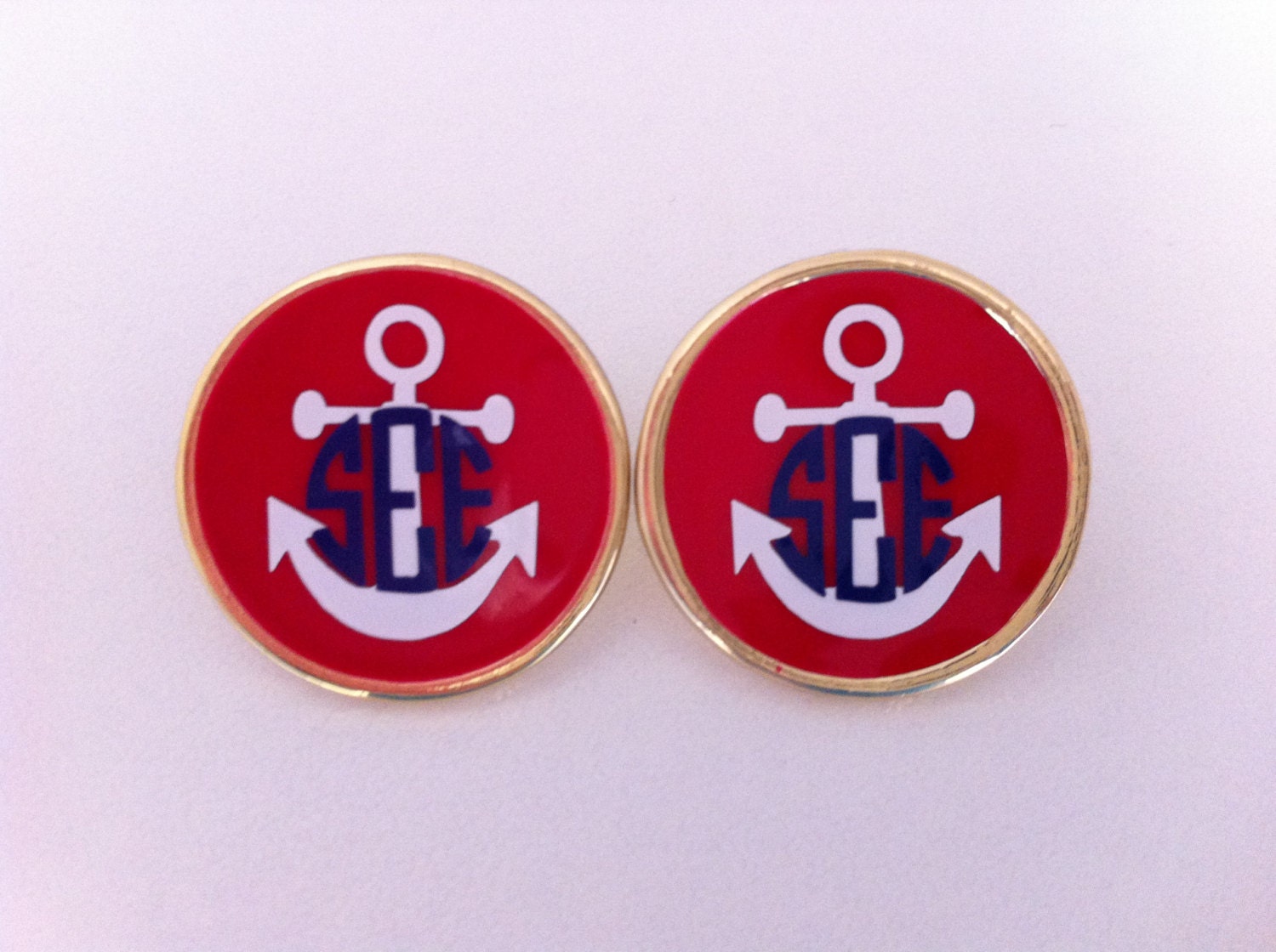 Gold Monogrammed Enamel earrings-  ANCHOR monogram-one pair-