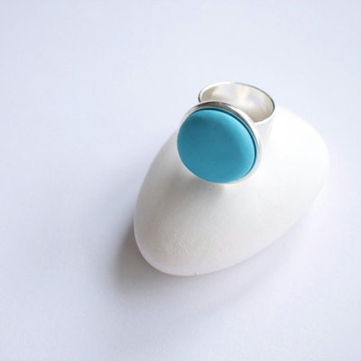 Aqua Ellipse Ring - Adjustable sterling silver plated ring band