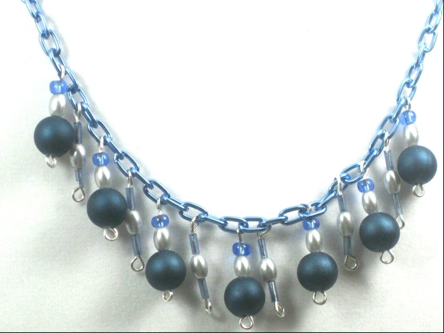 Blue Satin Bead Chain Statement Necklace