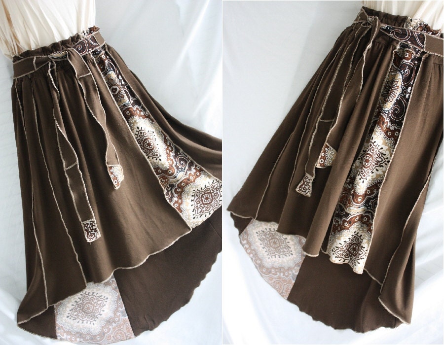 Womens Upcycled skirt, hi low skirt, Unique clothing, Refashioned, Recycled, cotton, brown and print