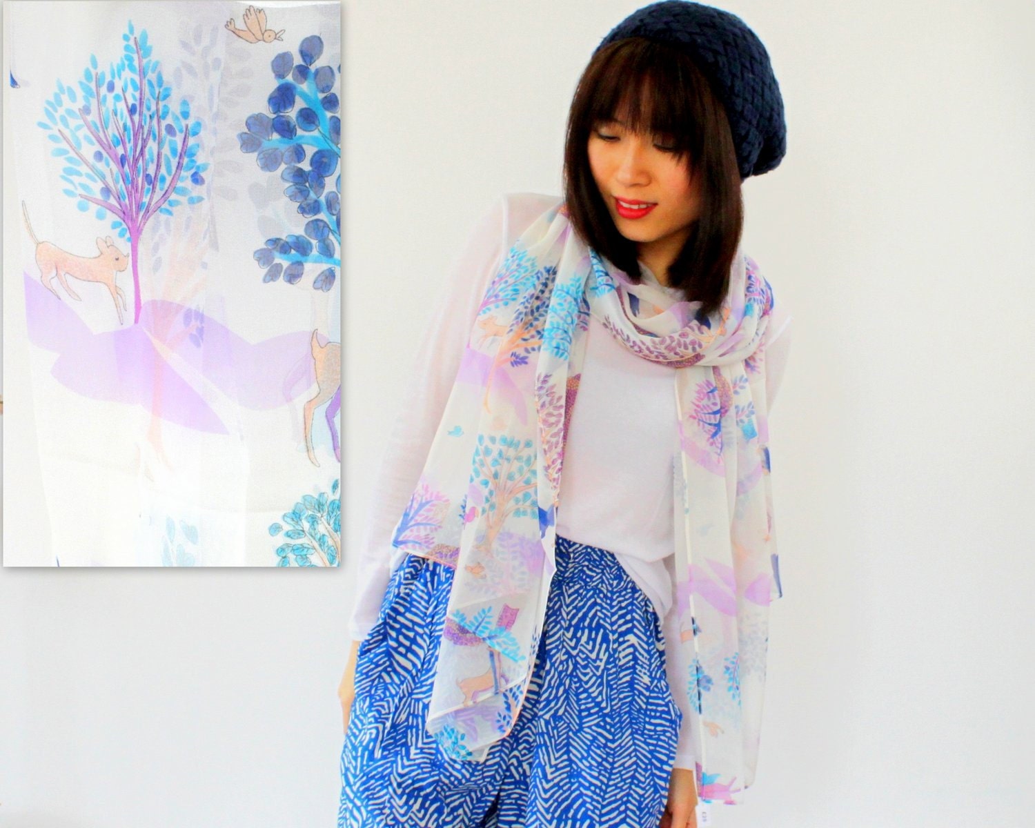 Hand Painted Spring Forest Print Luxurious Silk Long Scarf SD16