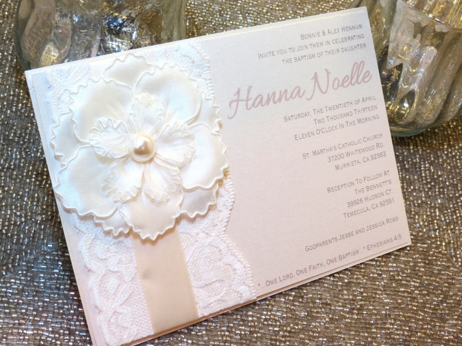 HANNA - Lace Baptism/Christening Invitation - Ivory and Cream - Customizable