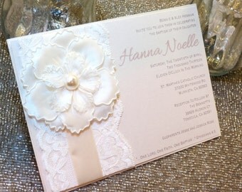 HANNA - Lace Baptism/Christening Invitation - Ivory and Cream - Customizable