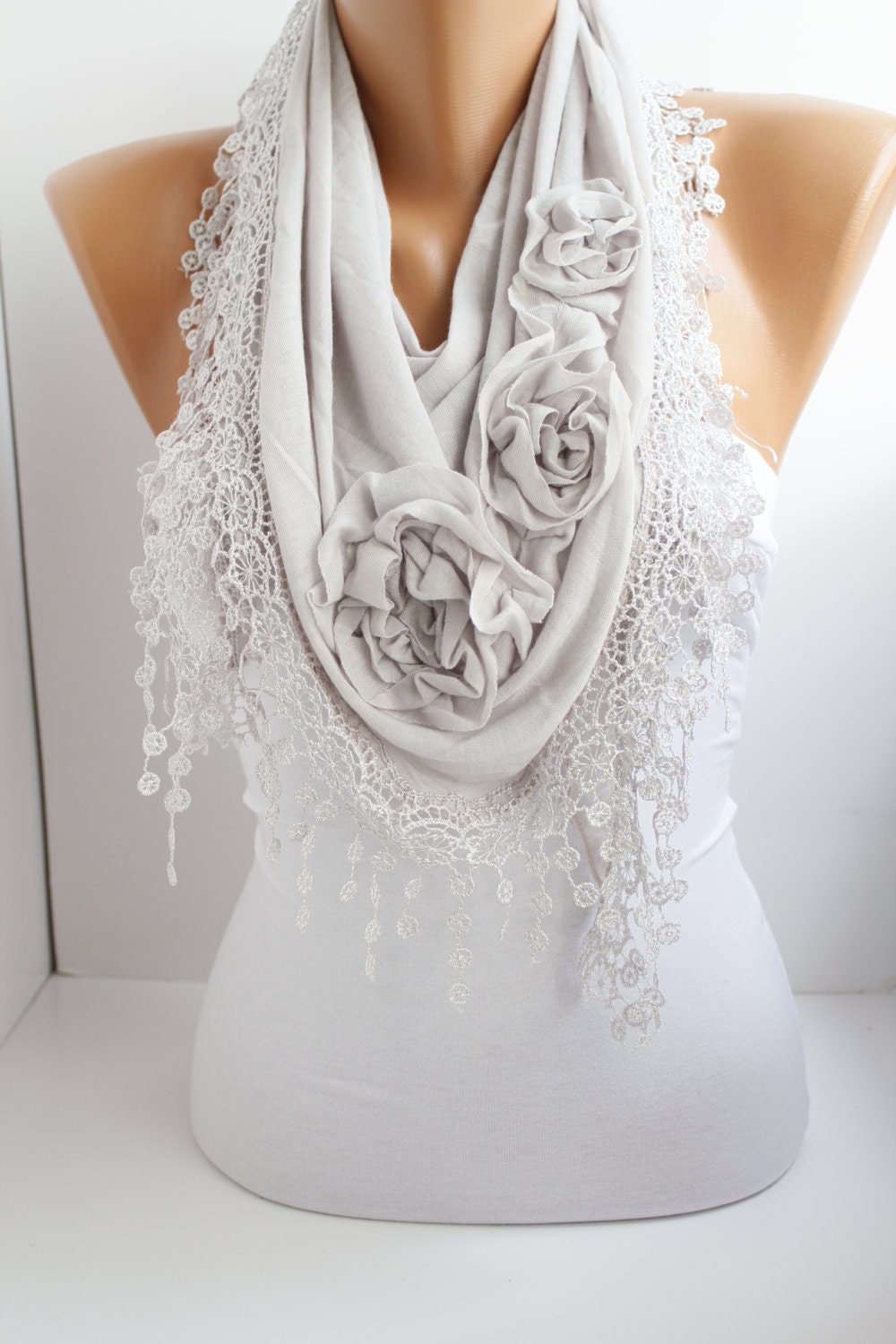 Light Gray Cotton Shawl/ Scarf - Headband -Cowl with Lace Edge