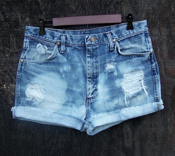 Buy high waisted shorts - Bleached destroyed high waisted shorts bleached acid wash 1990s Wrangler blue denim cut offs 34" waist womens XL