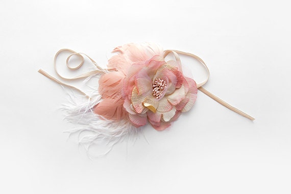 vintage rose with champagne velvet and white feathers bridal headband bridal flower bridal headpiece