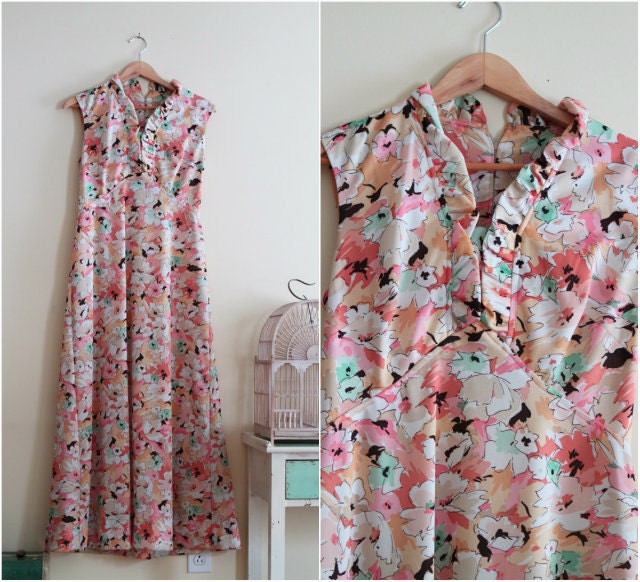 Vintage Coral PInk and Mint Green Floral Maxi Dress  - 1960s
