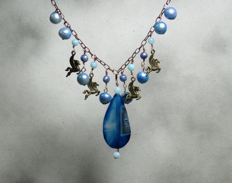 ROMAN SALE Pegasus Sky necklace. Graeco-Roman collection. Agate, opal, and pearls. NECK-020