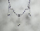 BUTTERFLY SALE Long Tails necklace. Silver butterflies with purple jade, aquamarine, and glass pearls. Butterfly collection. NECK-103