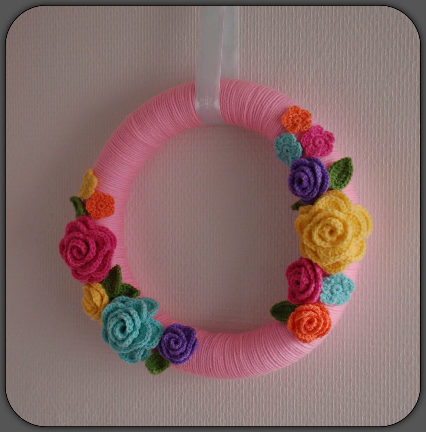 Beautiful spring crochet wreath with crochet roses and if you want a little sheep in the middle