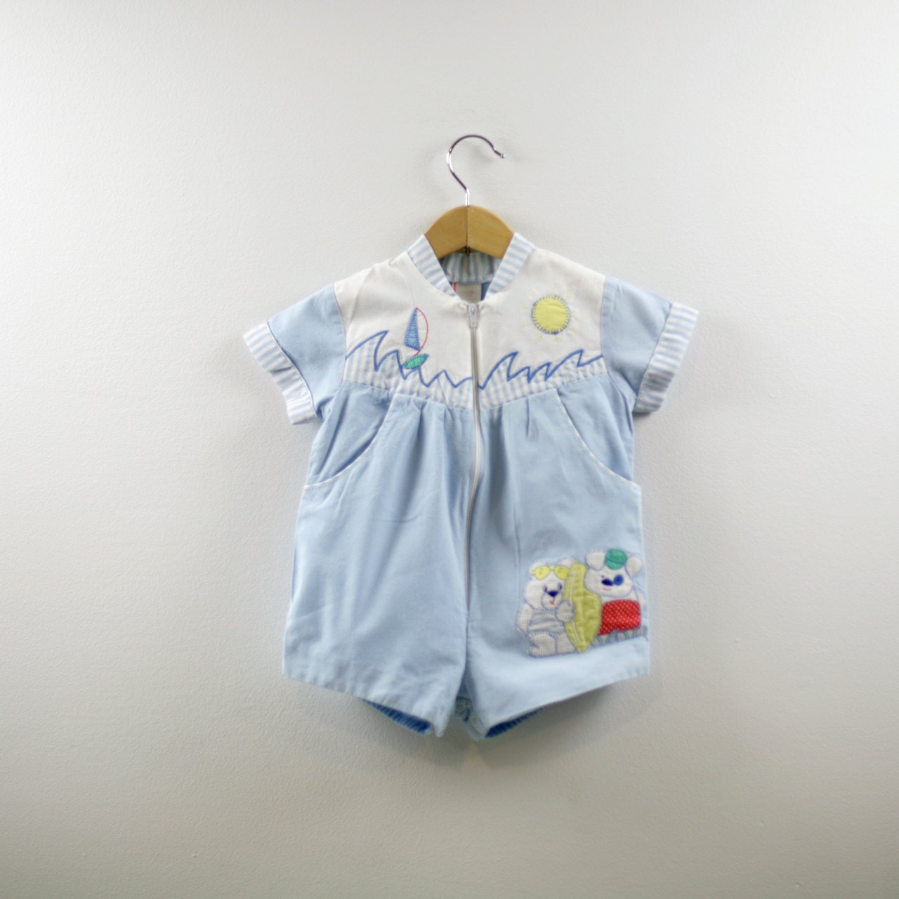 Vintage Baby Blue Romper with Surfer Bears