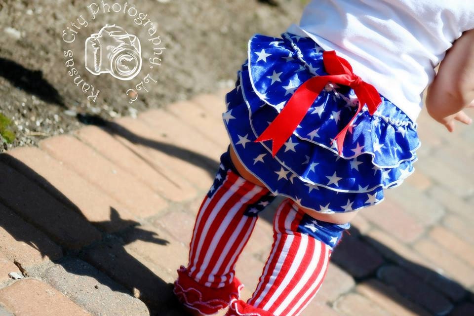 Star Flag Fourth of July 4th Ruffled Bloomer Diaper Cover- blue satin, white stars and red bow