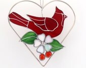 Stained Glass Red Cardinal Suncatcher Heart and Blossom