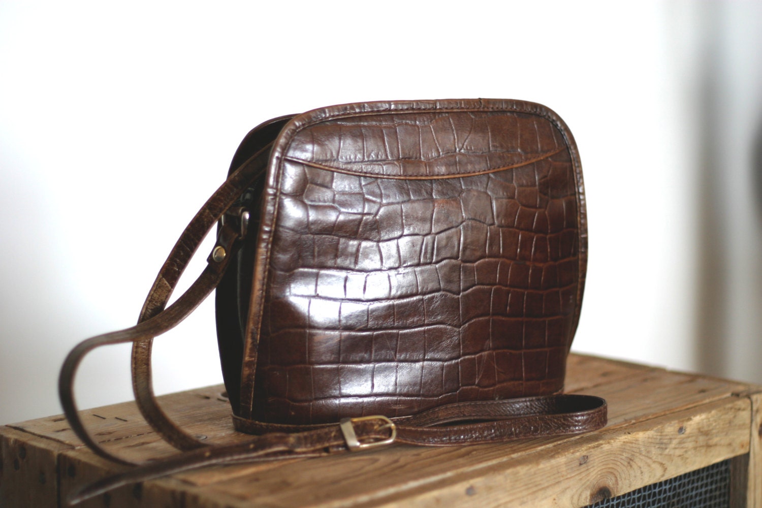 Vintage 80s Mock Croc Across Body Leather Bag Alligator Jane Shilton