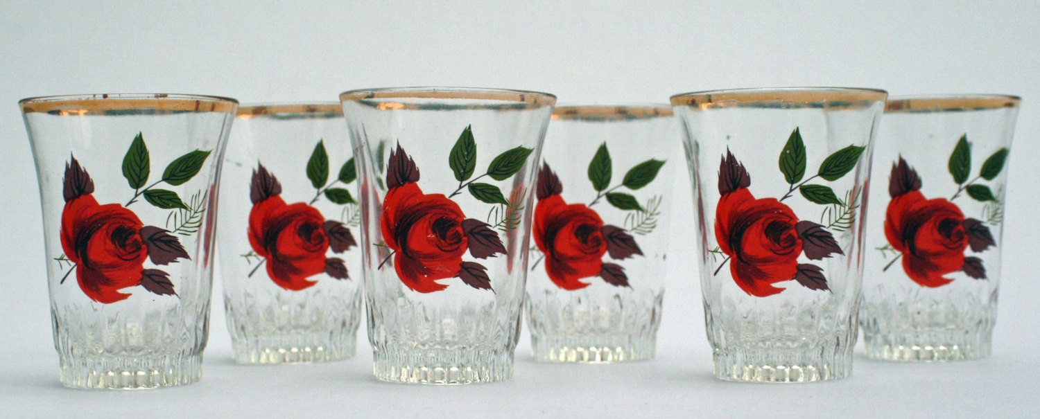 Set of 6 1950s Vintage Rose Shot or Sherry Glasses