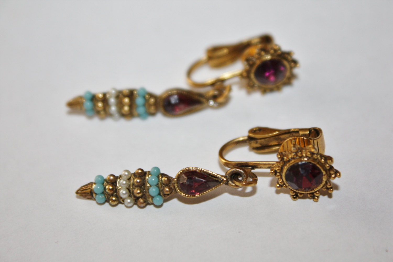 Vintage Earrings Turquoise Purple Rhinestone Dangle 1950s Jewelry