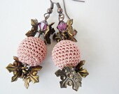 Free shipping - Powder Pink Crocheted bead earrings