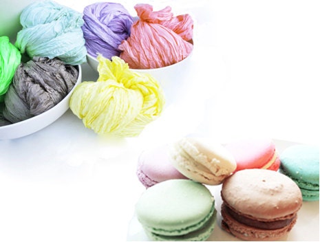 3 scarves of "Le macaron" collection - green, yellow, coral, cocoa, purple  silk ruffled scarf