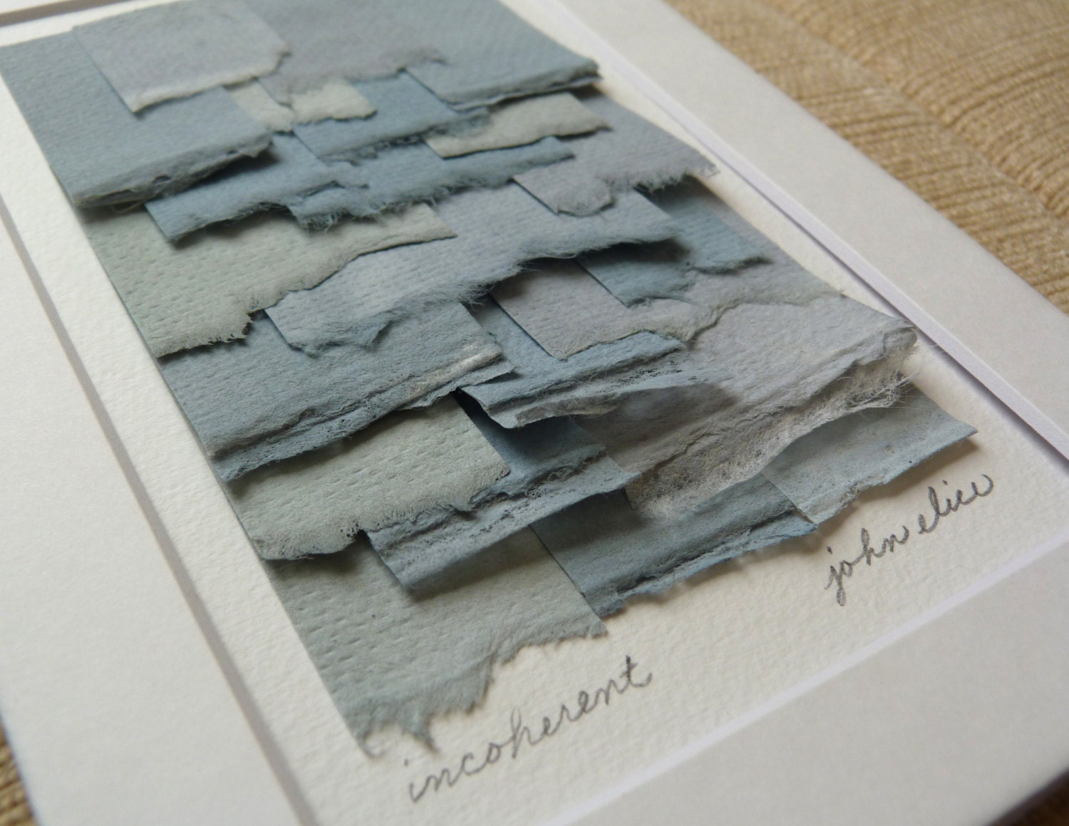 Handmade Paper Collage In Muted Shades of Blue and Gray