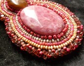 OOAK Gemstone Bead Embroidery Pendant. Onix, Rose Quartz