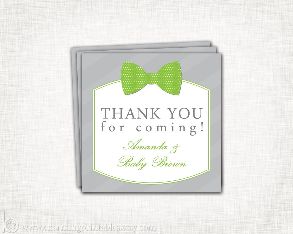 Bow Tie Baby Shower Tags - Baby Boy -  PRINTABLE Thank You - DIY Digital File - Green Gray - Bow Tie Collection