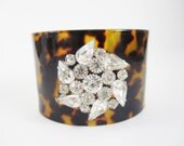 One Of A Kind Love Obsessed Design - Tortoise Cuff with Vintage Clear Rhinestone Center - OOAK