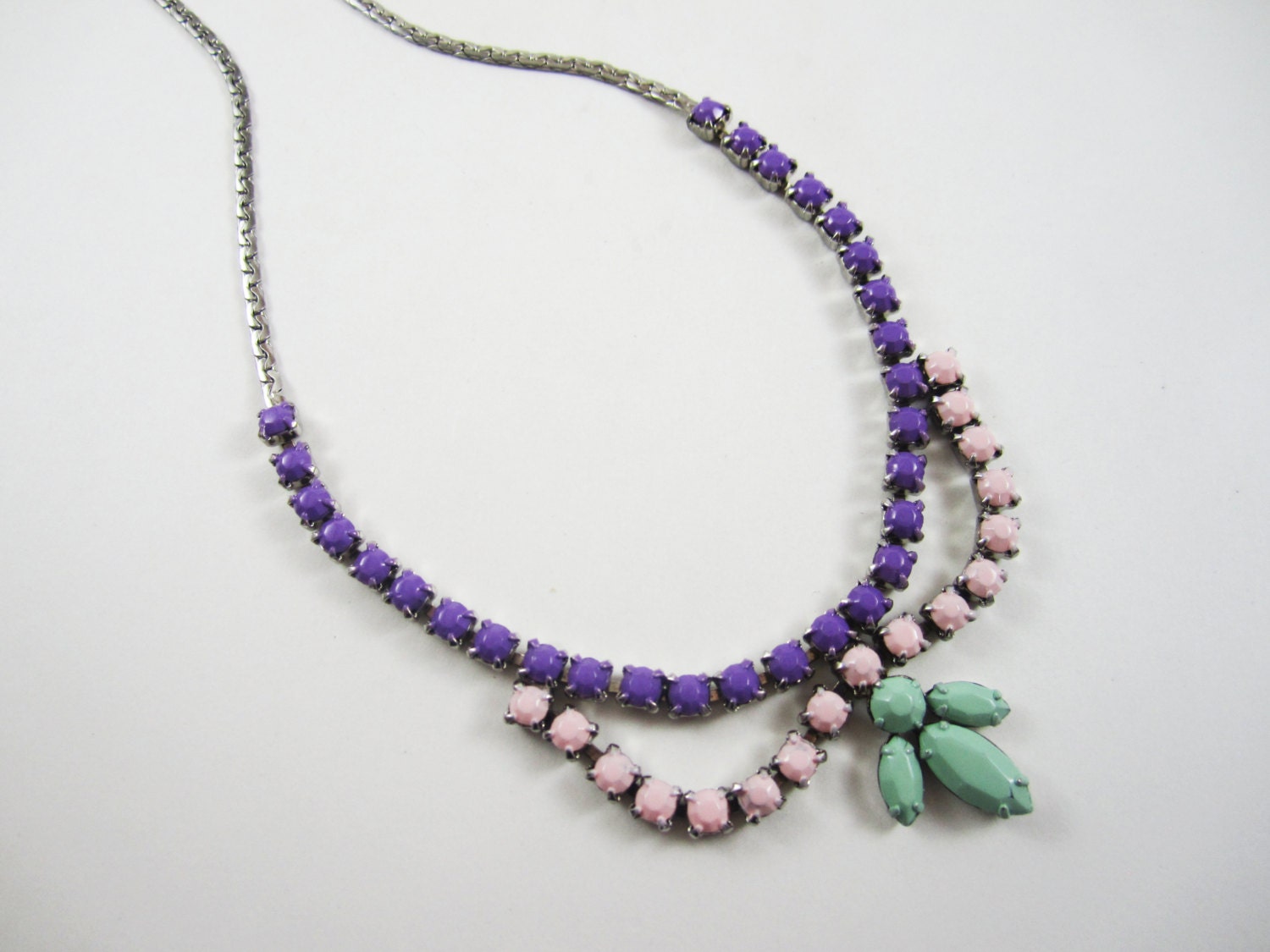 The Anandi Necklace - Hand Painted Genuine Vintage 1950s Rhinestone Necklace - Purple Pale Pink Mint - OOAK