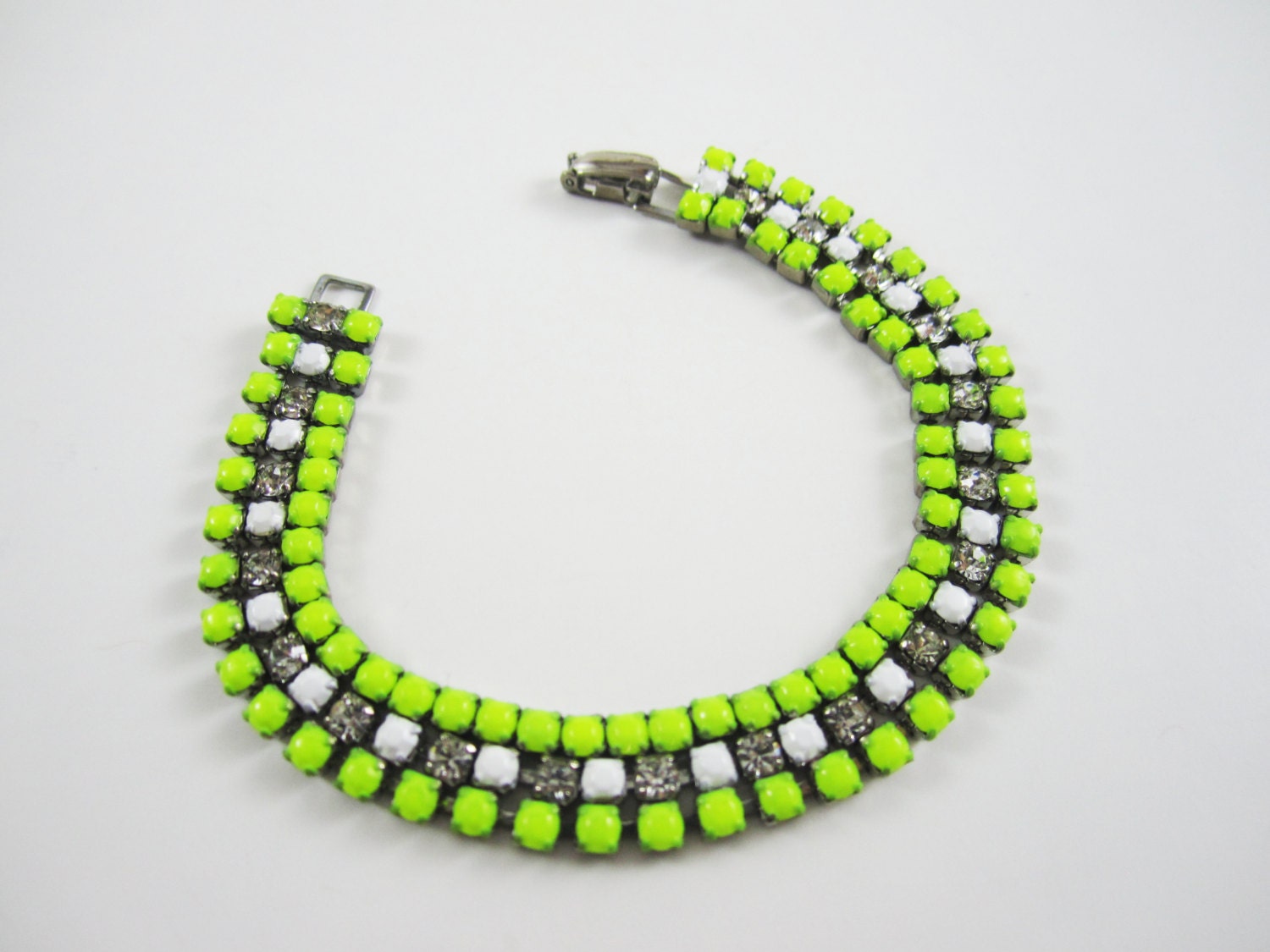The Nina - One Of A Kind - Vintage 1950s Hand Painted Rhinestone Bracelet - Neon Yellow and White