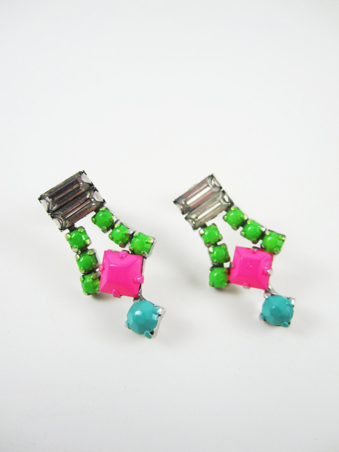 The Jasmine Earrings- One Of A Kind -  Vintage Hand Painted Neon Pink Green and Turquoise Rhinestone Earrings - by Love Obsessed
