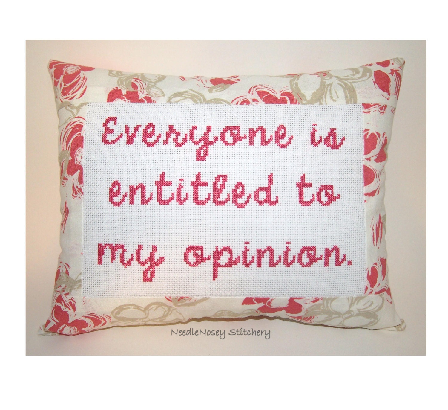 Funny Cross Stitch Pillow, Pink Pillow, Opinion Quote