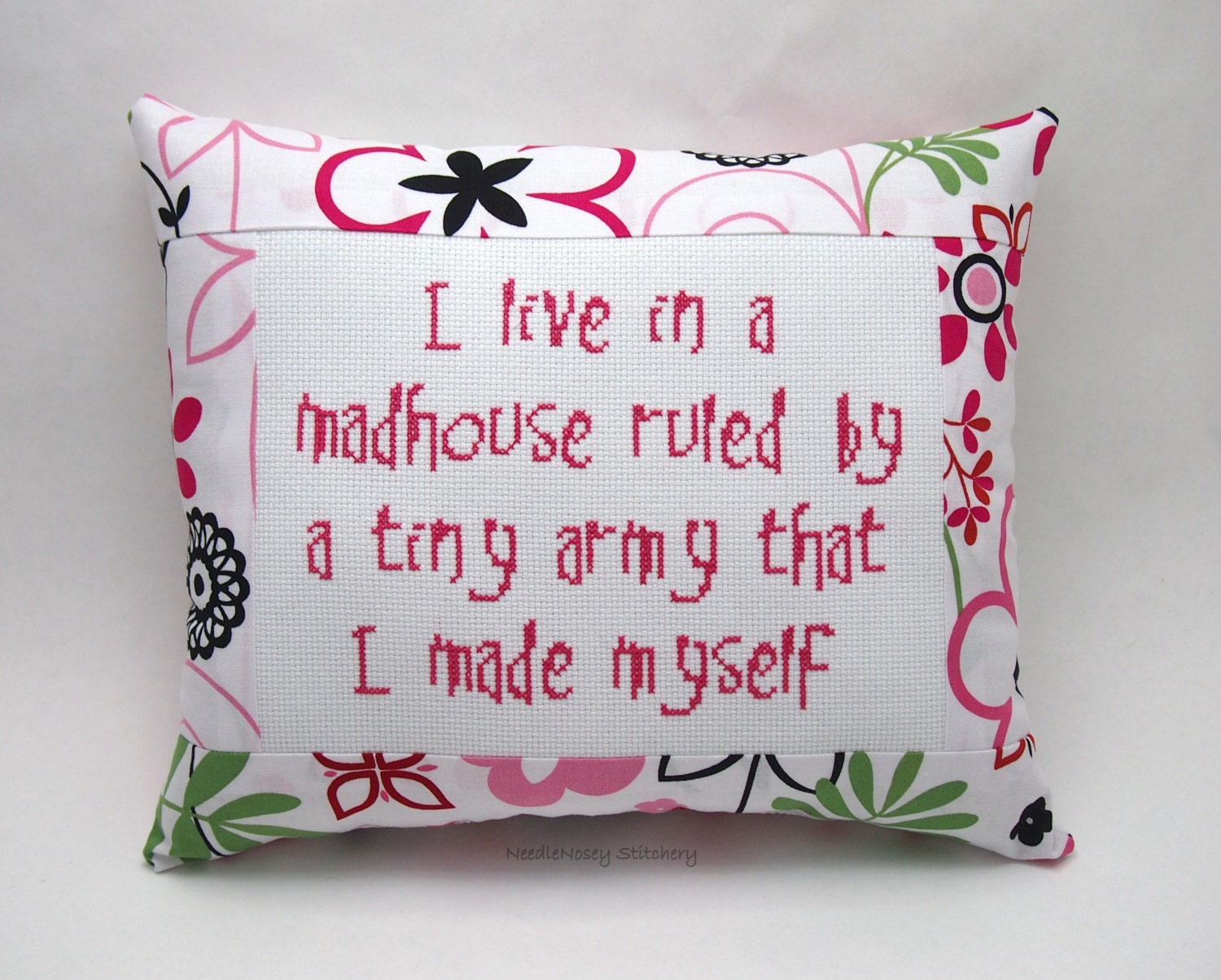 Funny Cross Stitch Pillow, Pink Black And Green Pillow, Motherhood Quote