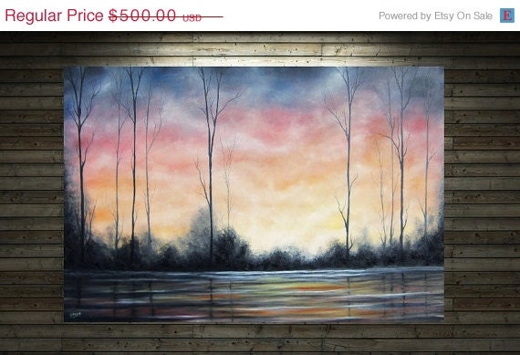 Large Wall Art, Dark Art Forest Painting, Sunset Sky Original Oil Painting, Contemporary Tree Painting, Bare Trees Treescape, 24 x 36