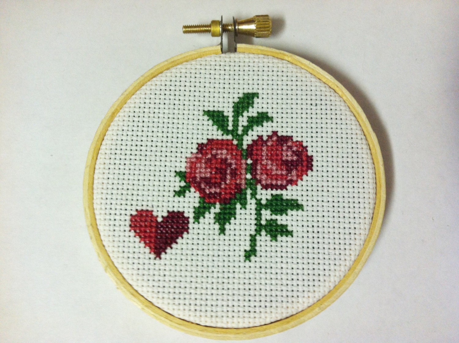 Pink and Burgundy Roses and Heart Cross Stitch Art - 3" 