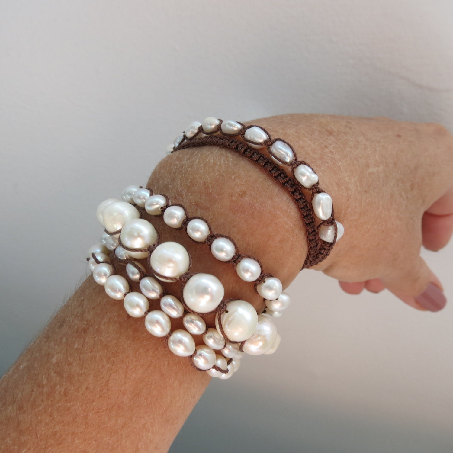 RESERVED for the Trendsetting Team White Freshwater Pearl Multi Strand Shamballa Ladder Brown Nylon Bracelet ... 4-5 strands total