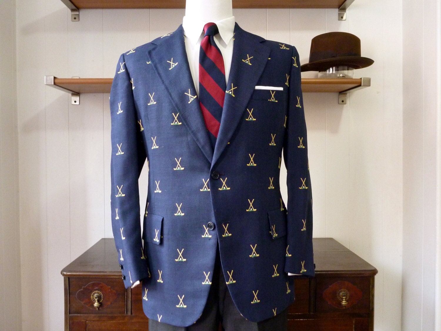 ICONIC Vintage Chipp New York "Crossed Golf Clubs" Custom Made / Made to Measure Go to Hell GTH Jacket 42 R. Made in USA.