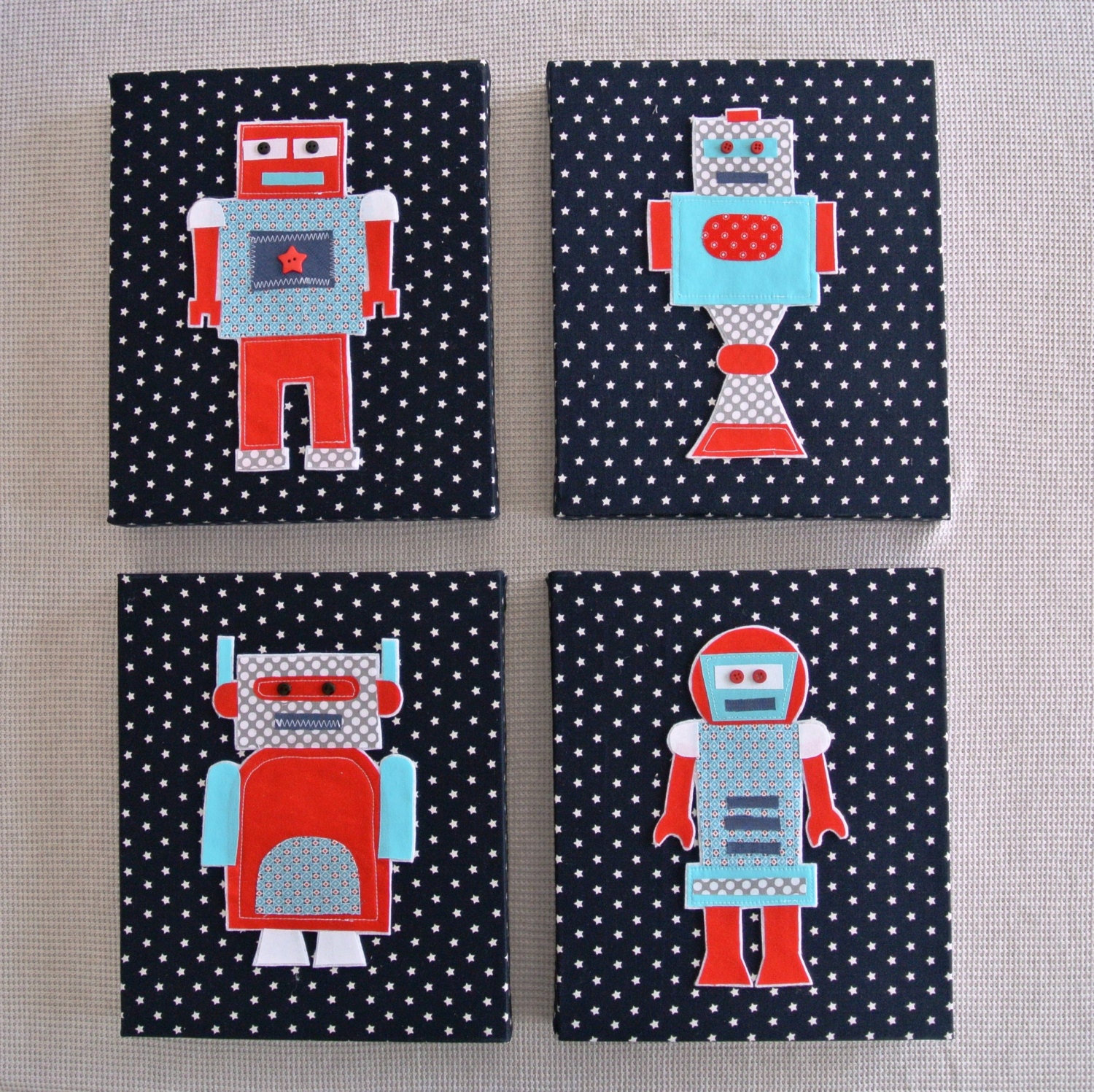 Robot space theme canvas handmade. Picture & wall decal kids bedroom boys. Children's or baby nursery decor